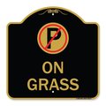 Signmission On Grass With No Parking Symbol, Black & Gold Aluminum Architectural Sign, 18" x 18", BG-1818-23527 A-DES-BG-1818-23527